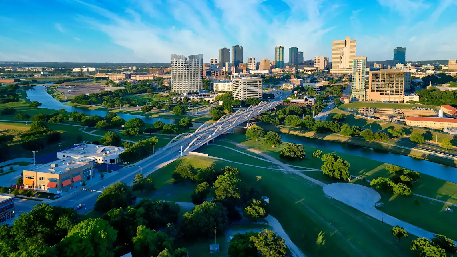 Downtown Fort Worth, Texas skyline at sunset. Golden Years Protection independent life insurance broker serving Fort Worth families, seniors, and business owners