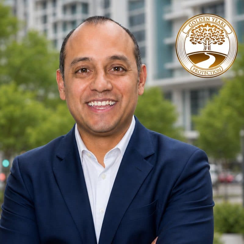 Joe Rangel, independent life insurance broker in Fort Worth, Texas, shown with the Golden Years Protection seal