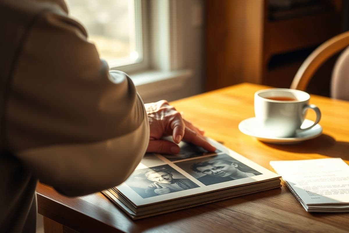 final expense insurance fort worth seniors by age - a quiet moment with a family photo album at home (editorial illustration)
