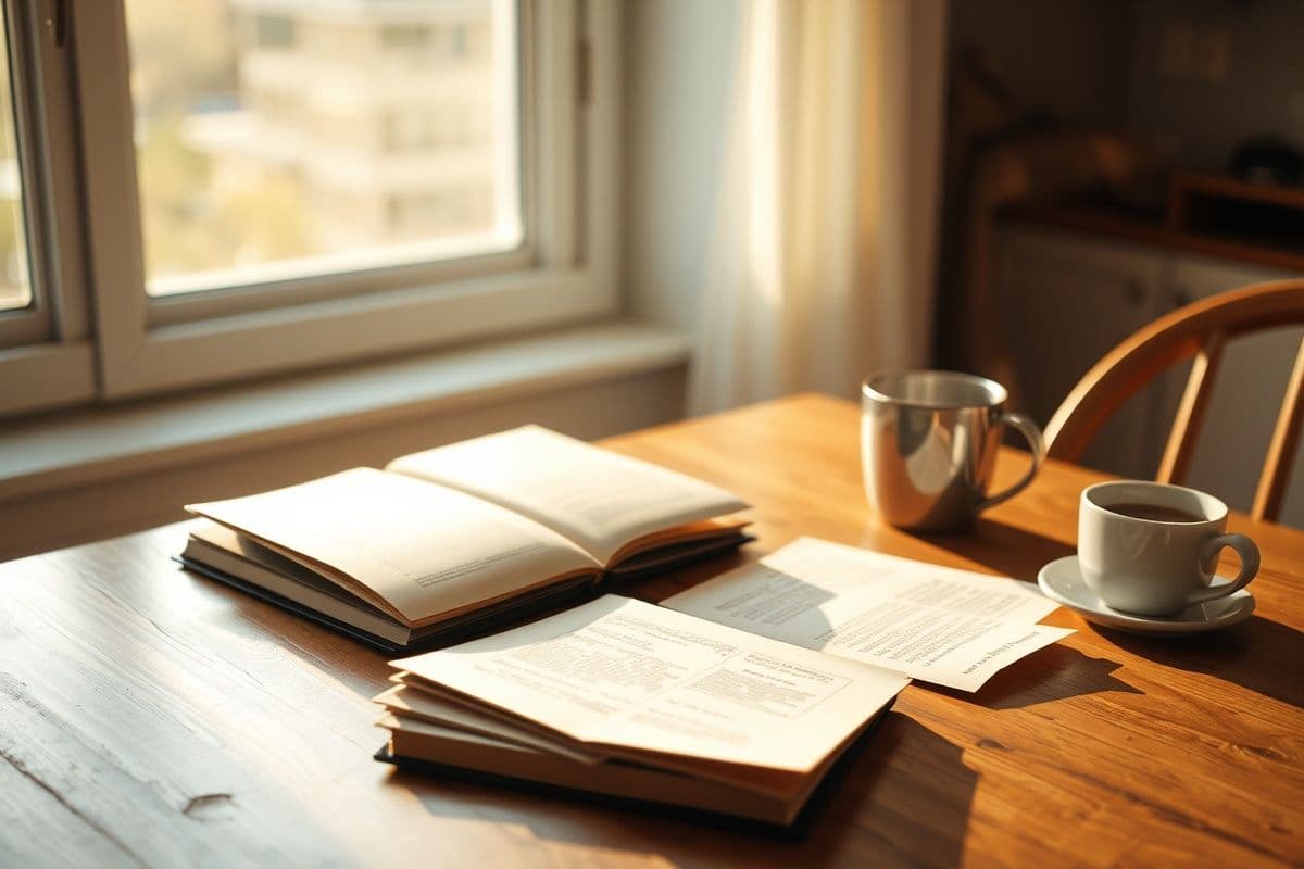 mortgage protection insurance for homeowner families - a quiet domestic Fort Worth moment, a kitchen table with sunlight, an open notebook, a coffee cup, soft afternoon light through a window, no charts, no numbers, no documents with text (editorial illustration)