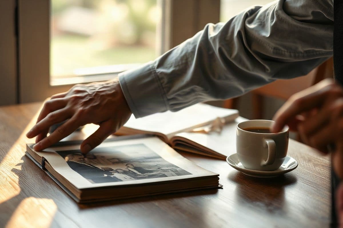 final expense with existing life insurance - a quiet moment with a family photo album at home (editorial illustration)