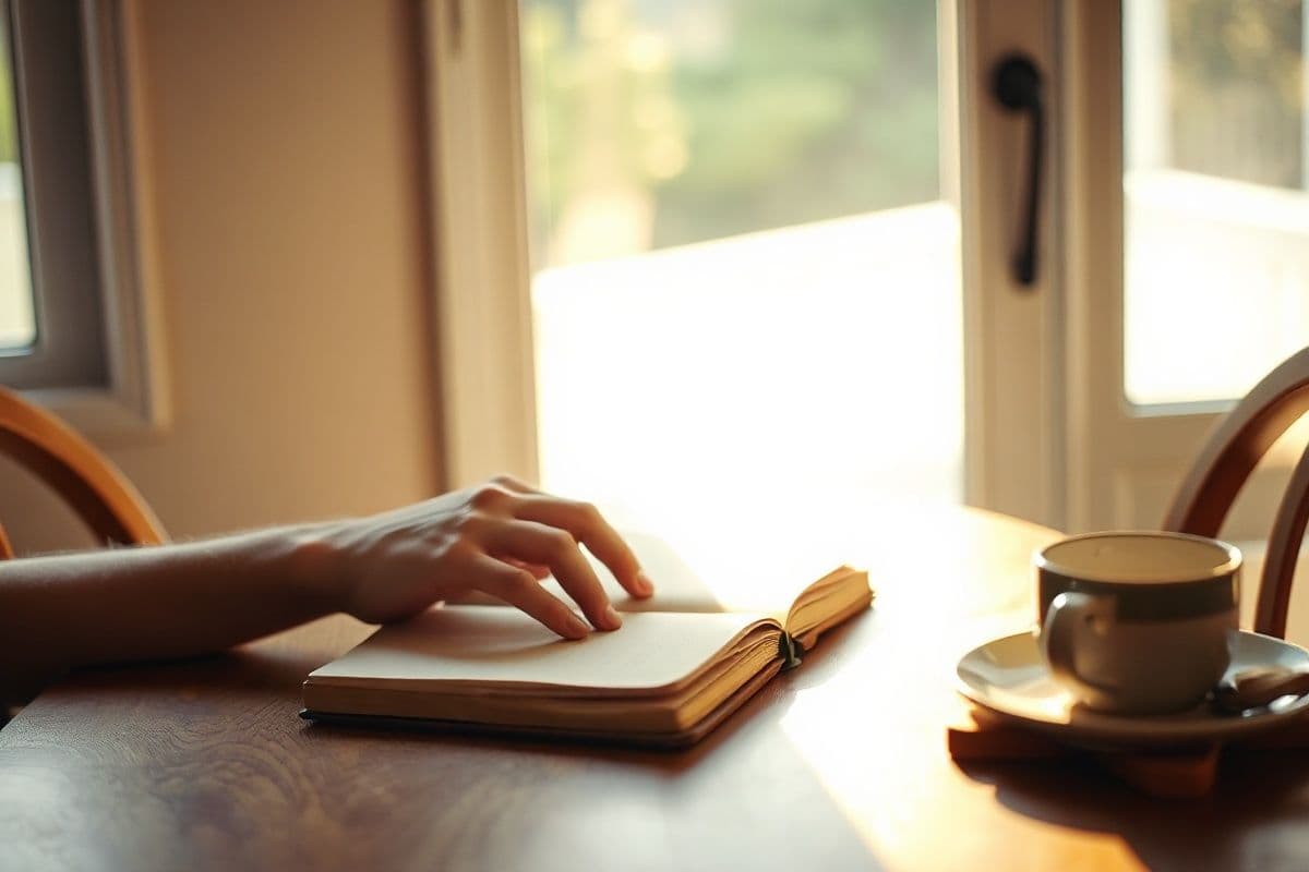 whole life vs term life seniors - a quiet domestic Fort Worth moment, a kitchen table with sunlight, an open notebook, a coffee cup, soft afternoon light through a window, no charts, no numbers, no documents with text