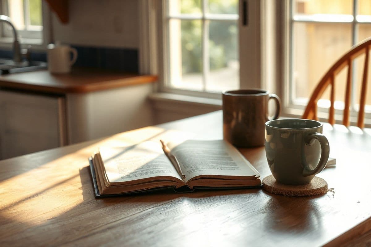mortgage term life insurance - a quiet domestic Fort Worth moment, a kitchen table with sunlight, an open notebook, a coffee cup, soft afternoon light through a window