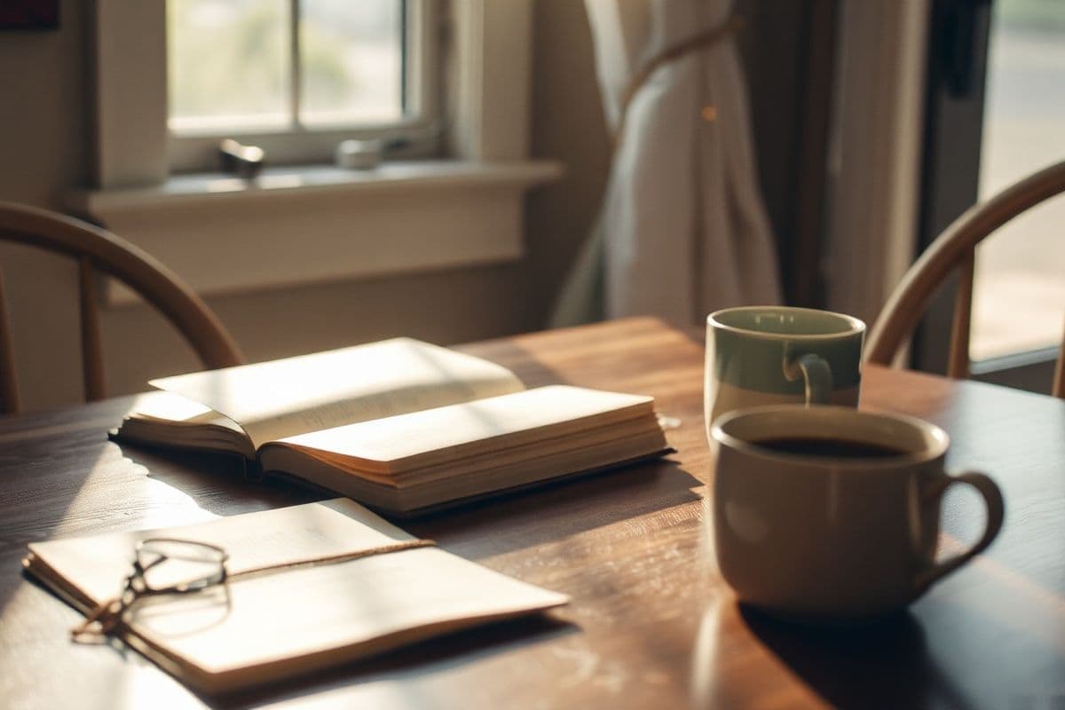 key person insurance for business owners - a quiet domestic Fort Worth moment, a kitchen table with sunlight, an open notebook, a coffee cup, soft afternoon light through a window, no charts, no numbers, no documents with text (editorial illustration)
